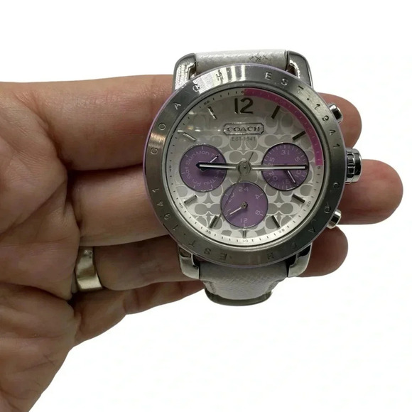 Coach Women's Silver Dial White Leather Band Watch - Picture 1 of 9